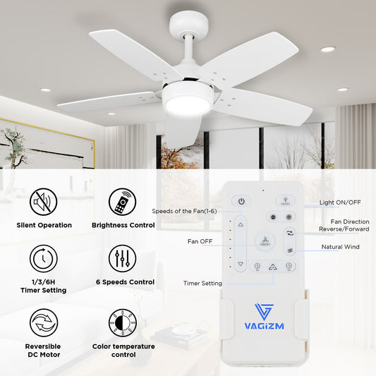 Ceiling Fan 36'' for Small Room: Matte White Quiet Reversible Dimmable with 6 Speeds