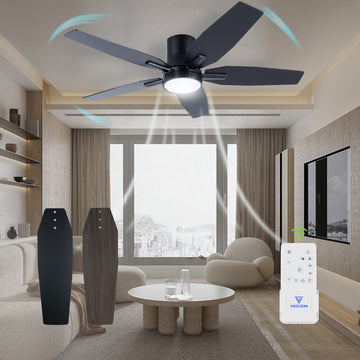 Vagizm 42 Inch Flush Mount Ceiling Fan with Light - 5 Blades Modern Ceiling Fan for Living Room and Bedroom - Quiet DC Motor - Dimmable - Reversible Function - Black