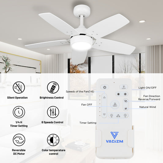 Ceiling Fan 36'' for Small Room: Matte White Modern Fans with Light Remote Control - Reversible Quiet DC Motor Dimmable with 6 Speeds for Dorm Room Bedroom Indoor Outdoor Use