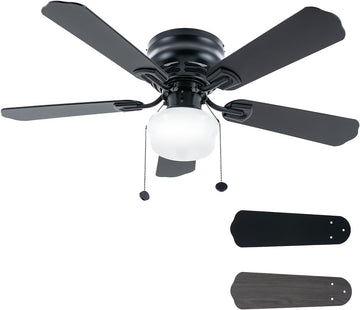 42 Inch Ceiling Fan Traditional: Flush Mount Indoor LED Ceiling Fans with Light - Pull Chain - Dual Finish Blades - Reversible Motor (Matte Black)