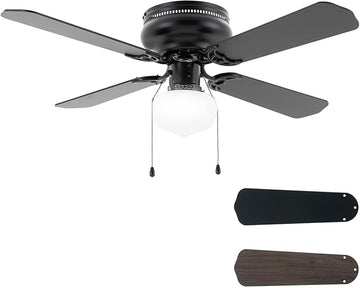 42 Inch Ceiling Fan Traditional: Flush Mount with LED Light - Pull Chain Control- Dual Finish Blades - Reversible for Bedroom, Office, Living Room（Matte Black）