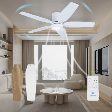 Vagizm 42 Inch Flush Mount Ceiling Fan with Light - 5 Blades Modern Ceiling Fan for Living Room and Bedroom - Quiet DC Motor - Dimmable - Reversible Function - White
