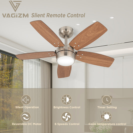 Ceiling Fan 36'' for Small Room: Modern Ceiling Fans with Light Remote Control - Reversible Quiet DC Motor Dimmable with 6 Speeds for Dorm Room Kids Bedroom(Brushed Nickel+Walnut)