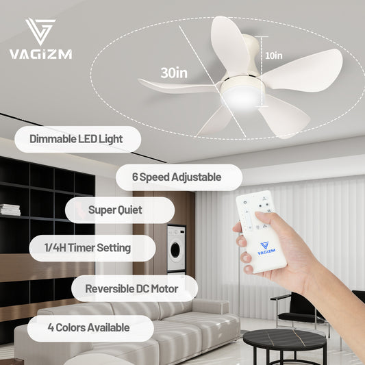 Ceiling Fan With Light Flush Mount 30 Inch Ceiling Fan with Remote Control for Bedroom - Low Profile Small - Reversible Quiet DC Motor with 6 Speeds CFL-005W5