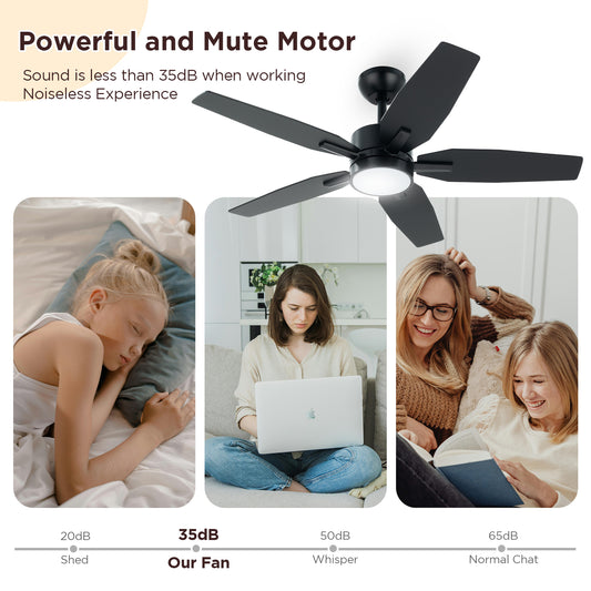 Vagizm 42 Inch Ceiling Fan with Light - 5 Blades Modern Ceiling Fan for Living Room and Bedroom - Quiet DC Motor - 3CCT - 6 Speeds - Dimmable - Reversible Function - Black