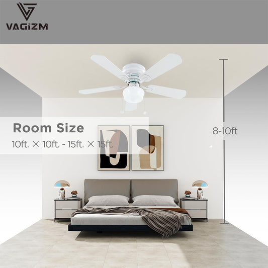 42" Flush Mount Ceiling Fan Matte White Traditional Ceiling Fan with Light & Pull Chain - Low Profile Design - Indoor Use