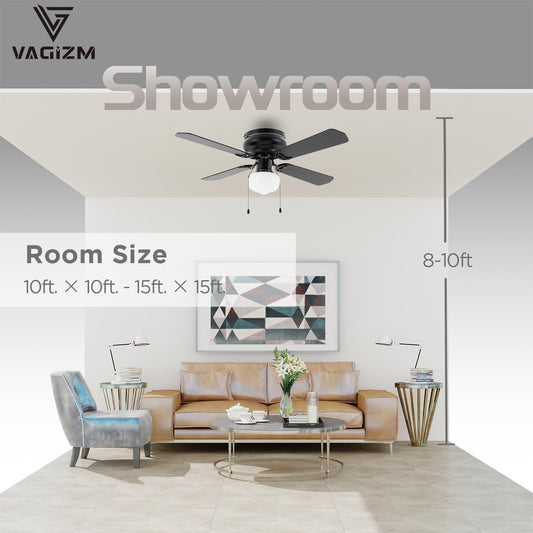 42 Inch Ceiling Fan Traditional: Flush Mount with LED Light - Pull Chain Control- Dual Finish Blades - Reversible for Bedroom, Office, Living Room（Matte Black）