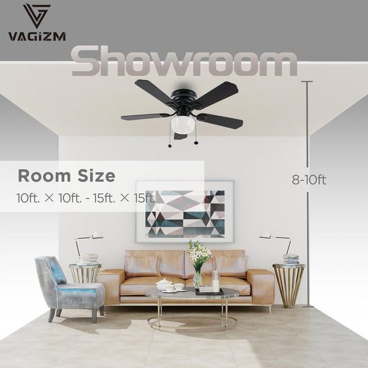 42 Inch Ceiling Fan Traditional: Flush Mount Indoor LED Ceiling Fans with Light - Pull Chain - Dual Finish Blades - Reversible Motor (Matte Black)