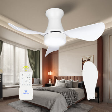 Ceiling Fan With Light Flush Mount 30 Inch Ceiling Fan with Remote Control for Bedroom - Low Profile Small - Reversible Quiet DC Motor with 6 Speeds CFL-005W3